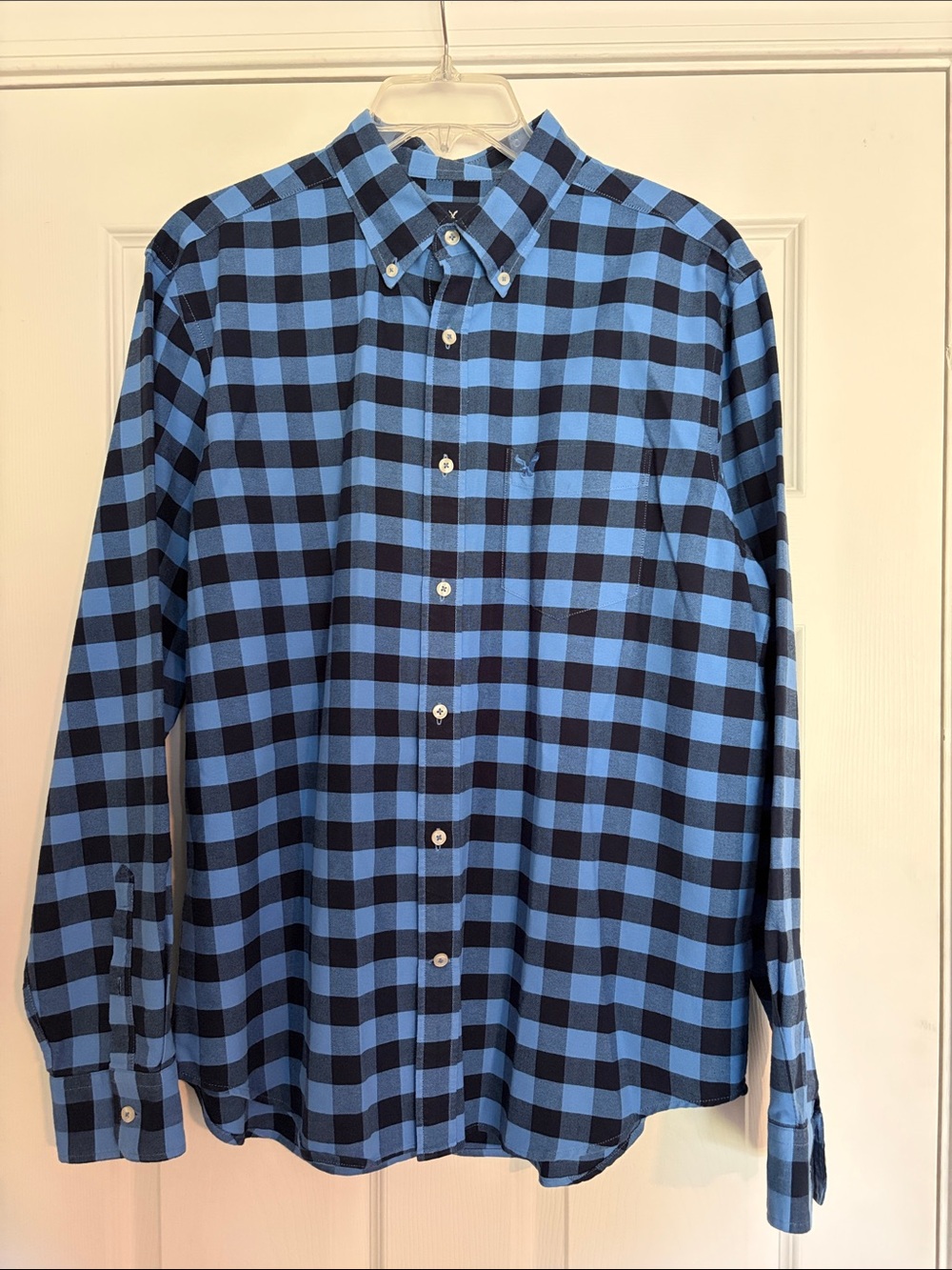 American Eagle Men's Blue and Black Check Button-Down Shirt